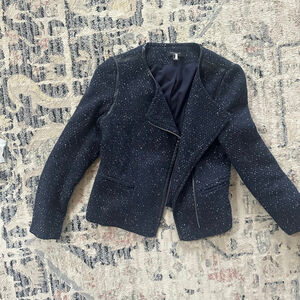 Women's ANN TAYLOR Petite Navy White Tweed Blazer Jacket